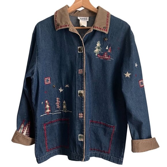 Vtg Teddi Womens Jacket Size M Barn Chore Embroidered Denim Corduroy Lightweight - Picture 1 of 12